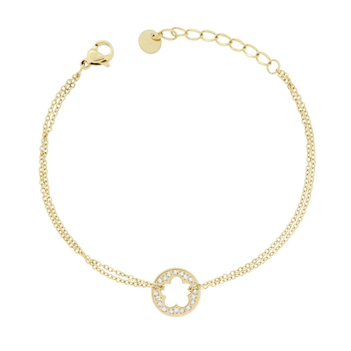 Bracciale due fili Catena Forzatina Diamantata con Tondo con Fiore e Crystal Bianchi in ACCIAIO colore Oro