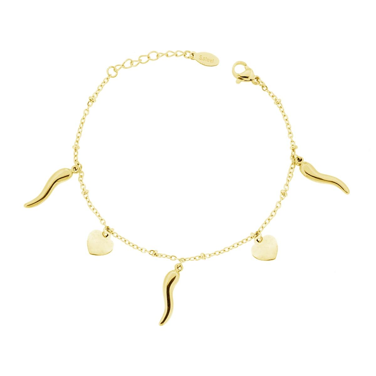 Bracciale Catena Forzatina Diamantata con Corni e Cuori pendenti in ACCIAIO colore Oro