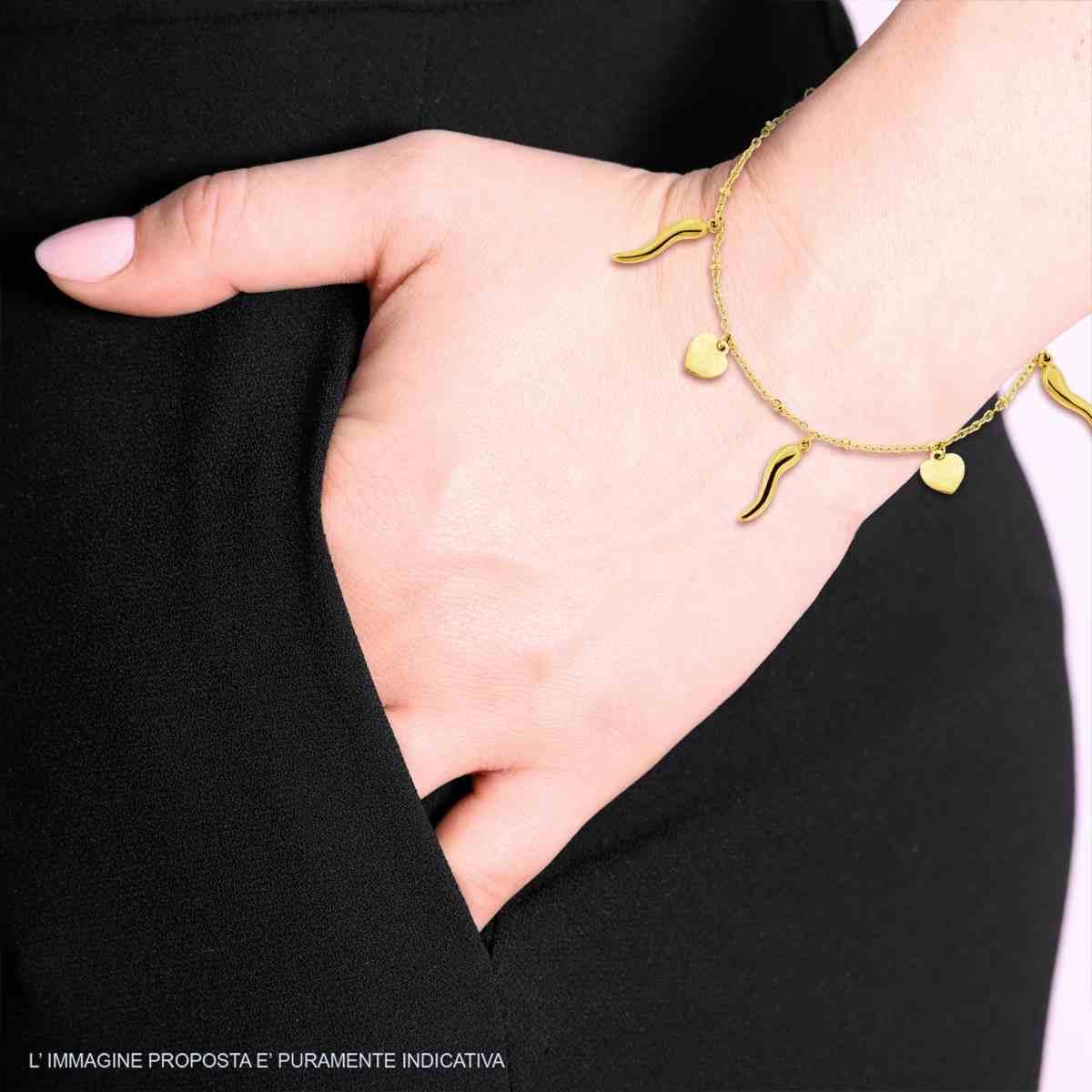 Bracciale Catena Forzatina Diamantata con Corni e Cuori pendenti in ACCIAIO colore Oro