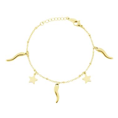 Bracciale Catena Forzatina con Stelle plain e Corni portafortuna in ACCIAIO