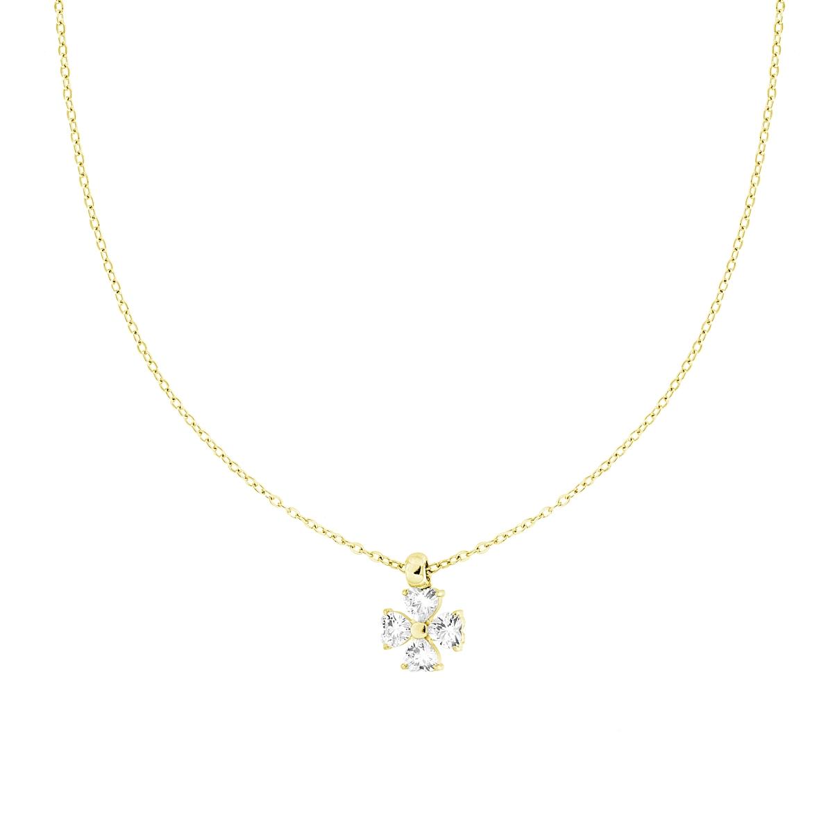 Collana Catena Forzatina Diamantata con Punto Luce Quadrifoglio Cuori Crystal Bianchi in ACCIAIO colore Oro