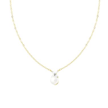 Collana Catena Forzatina Diamantata con Perla e Fiore con Crystal Bianchi in ACCIAIO colore Oro