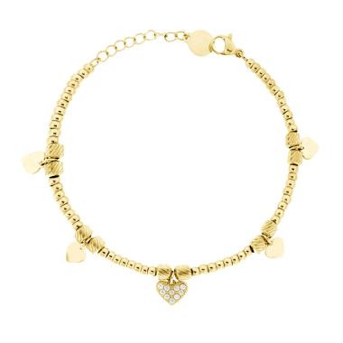 Bracciale Catena Palline con Cuori plain e Crystal Bianchi pendenti in ACCIAIO colore Oro