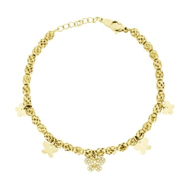 Bracciale Catena Ovali Martellati con Farfalle Charms e Cristal Bianchi in ACCIAIO colore Oro
