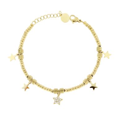 Bracciale Catena Palline Cilindretti Diamantati con Stelle plain e con Crystal Bianchi pendenti in ACCIAIO colore Oro