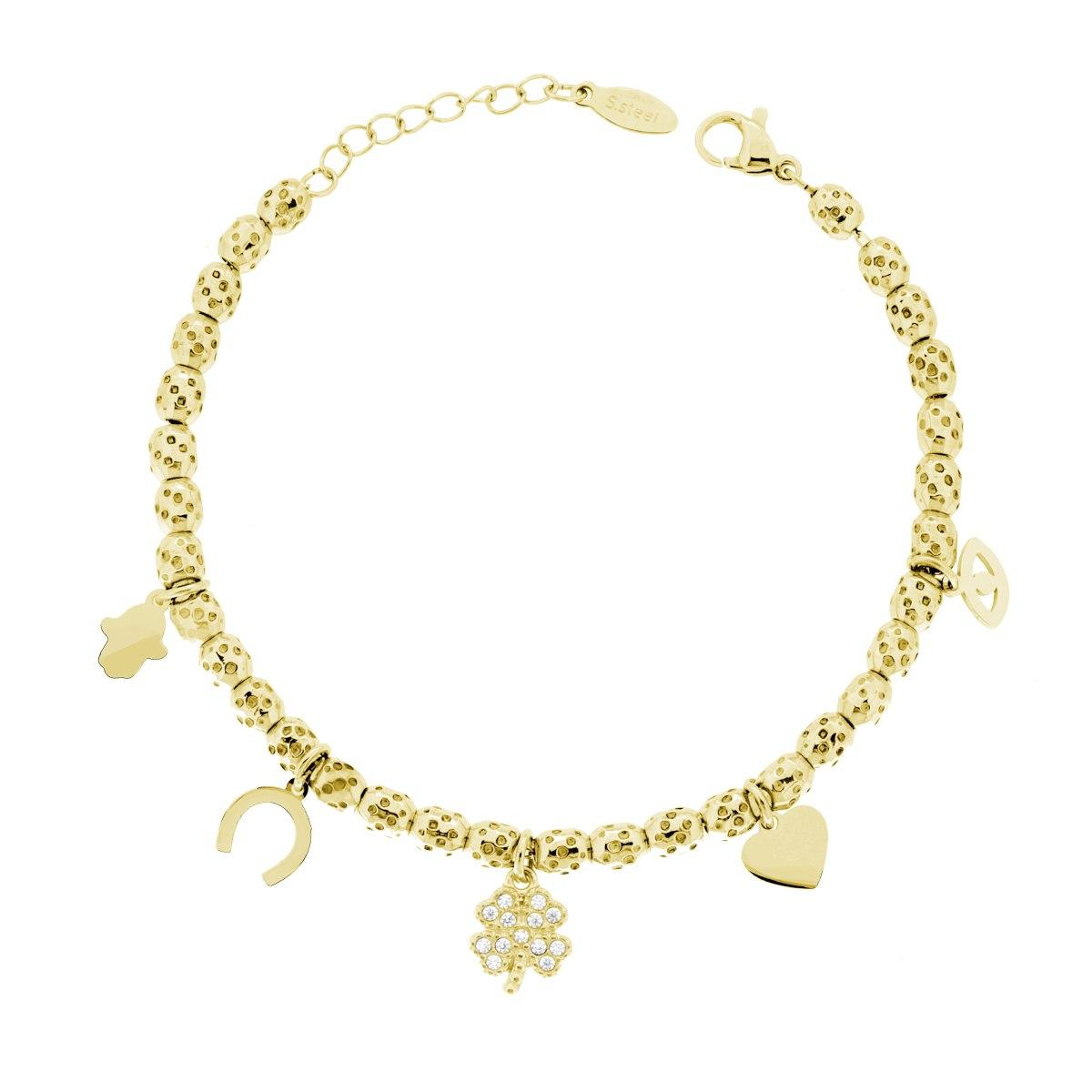 Bracciale Catena Ovali Martellati con Cuore Quadrifoglio Mano di Fatima Ferro di Cavallo e Occhio Charms e Crystal Bianchi in ACCIAIO colore Oro