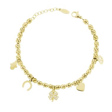Bracciale Catena Ovali Martellati con Cuore Quadrifoglio Mano di Fatima Ferro di Cavallo e Occhio Charms e Crystal Bianchi in ACCIAIO colore Oro