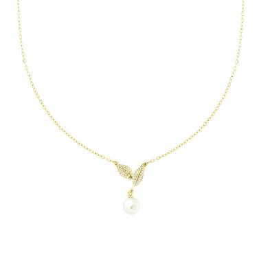 Collana Catena Forzatina con Foglie Crystal Bianchi e Perla in ACCIAIO E OTTONE colore Oro