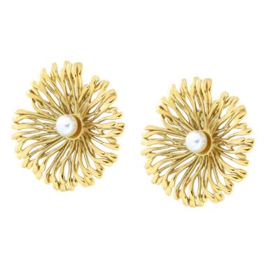 Orecchini Fiore Grande con Perla in ACCIAIO colore Oro