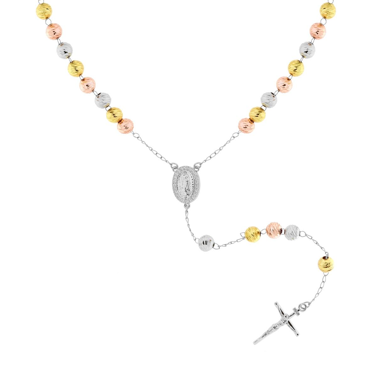 Collana Rosario cm 60 con Palline Diamantate mm 6 e Crystal Bianchi in ACCIAIO colore Oro e Rosa