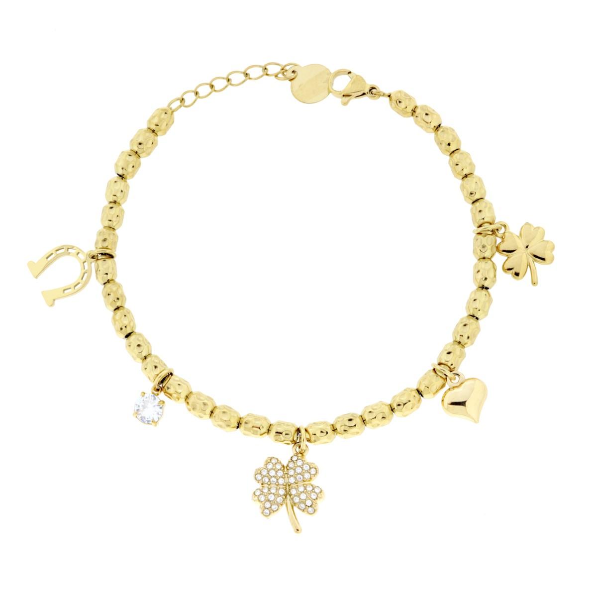Bracciale Catena Ovali Martellati con Quadrifogli Cuore Charms Portafortuna e Crystal Bianchi in ACCIAIO colore Oro