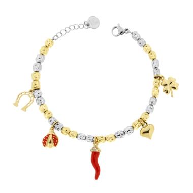 Bracciale Catena Ovali Martellati con Coccinella Corno smalto Rosso Quadrifogli Cuore Charms Portafortuna e Cristal Bianchi in ACCIAIO colore Oro