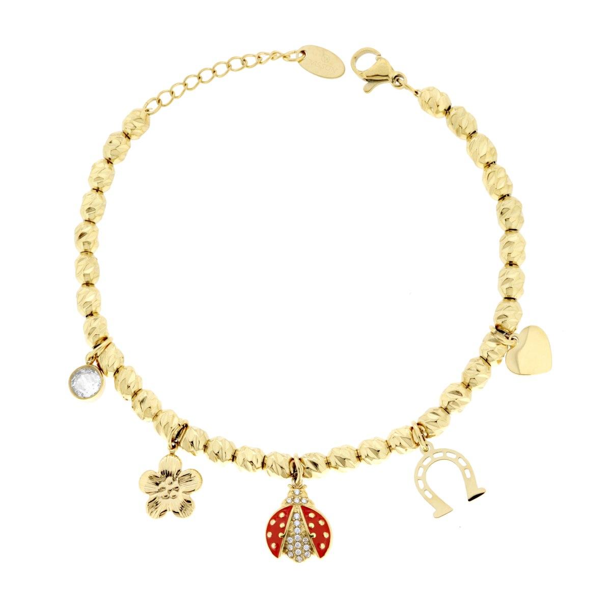 Bracciale Catena Ovali Diamantati con Coccinella smalto Rosso Quadrifogli Cuore Charms Portafortuna e Cristal Bianchi in ACCIAIO colore Oro
