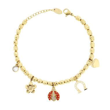 Bracciale Catena Ovali Diamantati con Coccinella smalto Rosso Quadrifogli Cuore Charms Portafortuna e Cristal Bianchi in ACCIAIO colore Oro