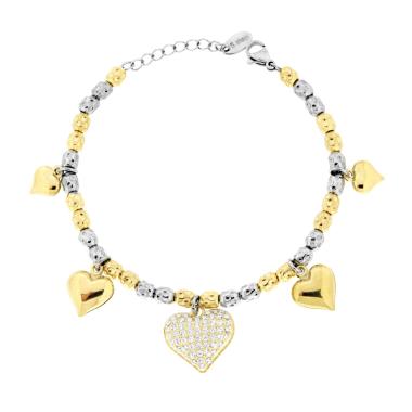 Bracciale Catena Ovali Martellati colore Oro con Cuore con Crystal Bianchi e Cuori bombati in ACCIAIO