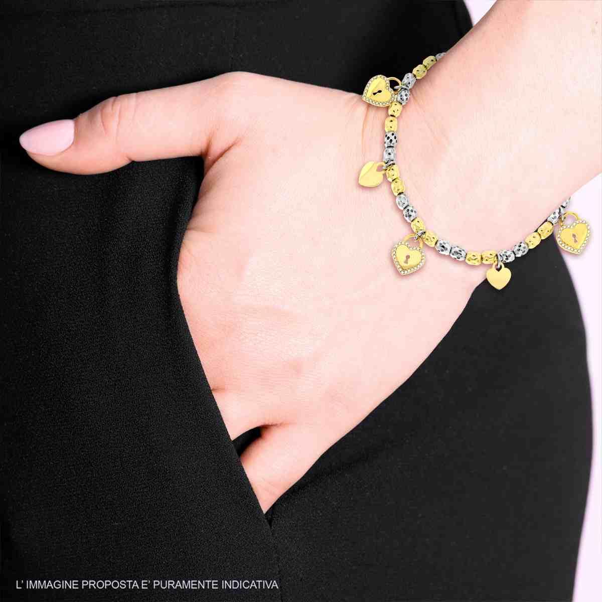Bracciale Catena Ovali Martellati colore Oro con Cuori Lucchetto con Crystal Bianchi in ACCIAIO