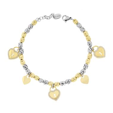 Bracciale Catena Ovali Martellati colore Oro con Cuori Lucchetto con Crystal Bianchi in ACCIAIO