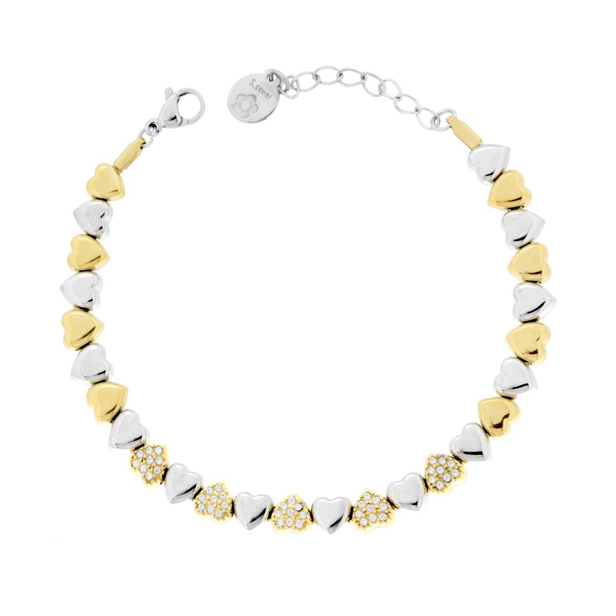 Bracciale Catena Cuori Bombati colore Oro e Crystal Bianchi in ACCIAIO
