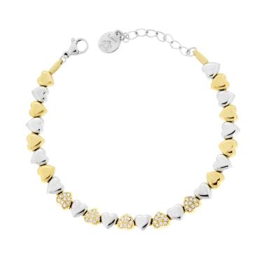 Bracciale Catena Cuori Bombati colore Oro e Crystal Bianchi in ACCIAIO