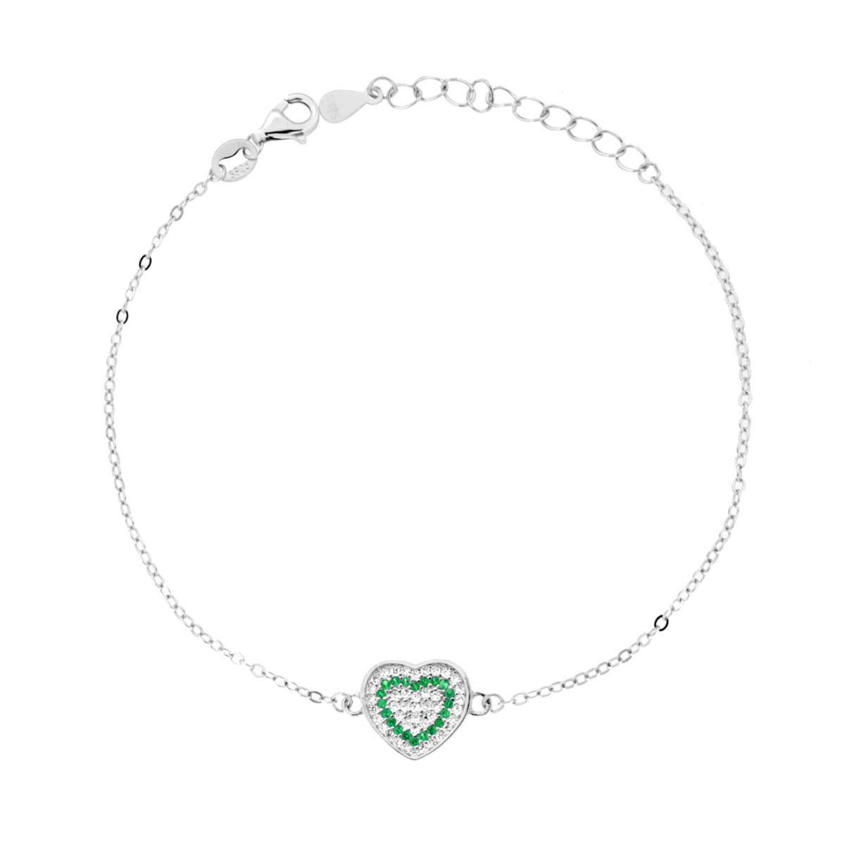 Bracciale Catena Forzatina Diamantata con Cuore e Cubic Zirconia Verde Smeraldo Bianchi in ARGENTO 925 Galvanica Rodio