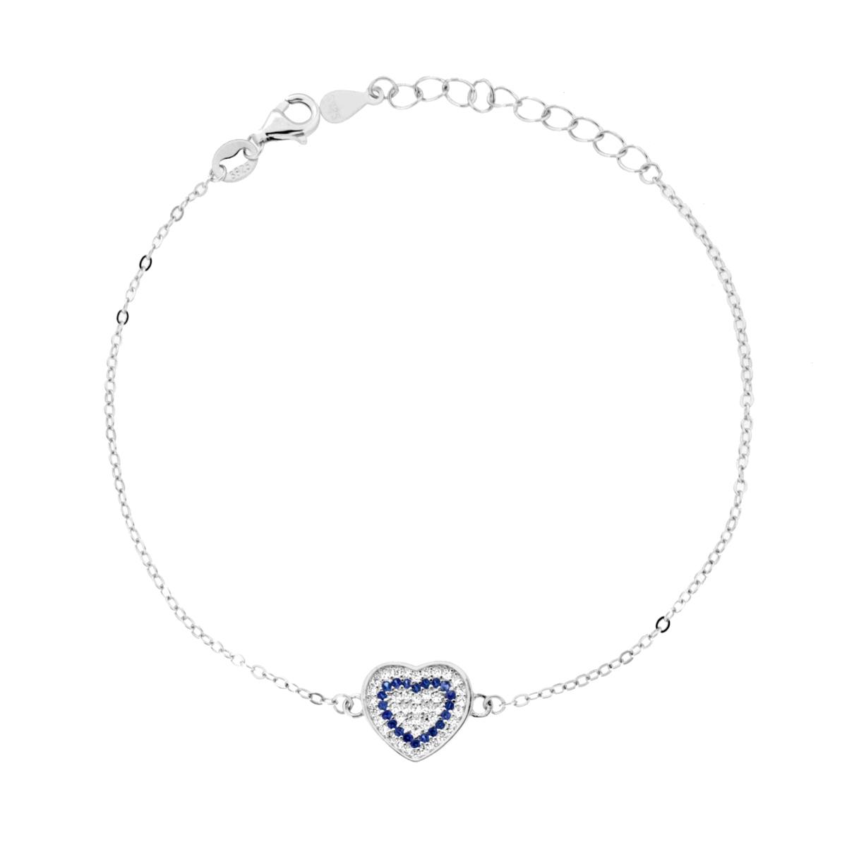 Bracciale Catena Forzatina Diamantata con Cuore e Cubic Zirconia Blu Zaffiro Bianchi in ARGENTO 925 Galvanica Rodio