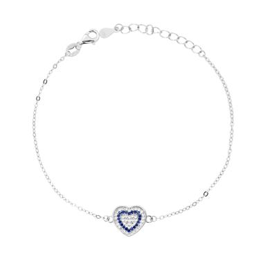 Bracciale Catena Forzatina Diamantata con Cuore e Cubic Zirconia Blu Zaffiro Bianchi in ARGENTO 925 Galvanica Rodio