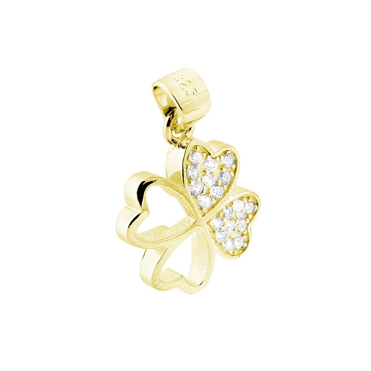Ciondolo Quadrifoglio Cuore con Zirconi Bianchi in ARGENTO 925 Galvanica Oro