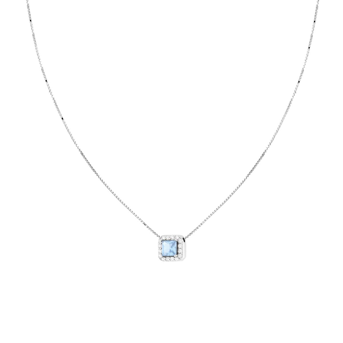 Collana Catena Veneziana Diamantata con Quadrato Carre Acquamarina contornato da Cubic Zirconia Bianchi in ARGENTO 925 Galvanica Rodio