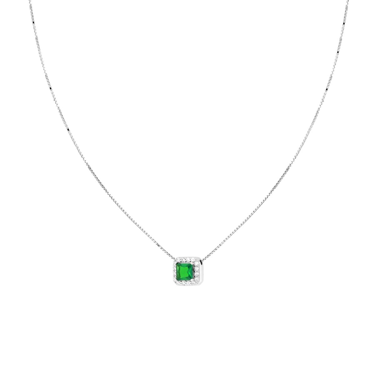 Collana Catena Veneziana Diamantata con Quadrato Carre Verde Smeraldo contornato da Cubic Zirconia Bianchi in ARGENTO 925 Galvanica Rodio