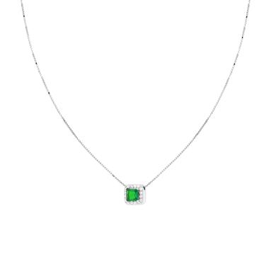Collana Catena Veneziana Diamantata con Quadrato Carre Verde Smeraldo contornato da Cubic Zirconia Bianchi in ARGENTO 925 Galvanica Rodio