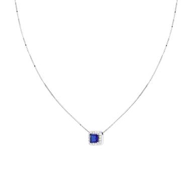 Collana Catena Veneziana Diamantata con Quadrato Carre Blu Zaffiro contornato da Cubic Zirconia Bianchi in ARGENTO 925 Galvanica Rodio
