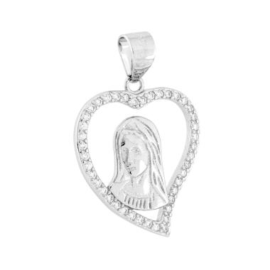 Ciondolo Cuore con Madonna e Cubic Zirconia Bianchi in ARGENTO 925 Galvanica Rodio