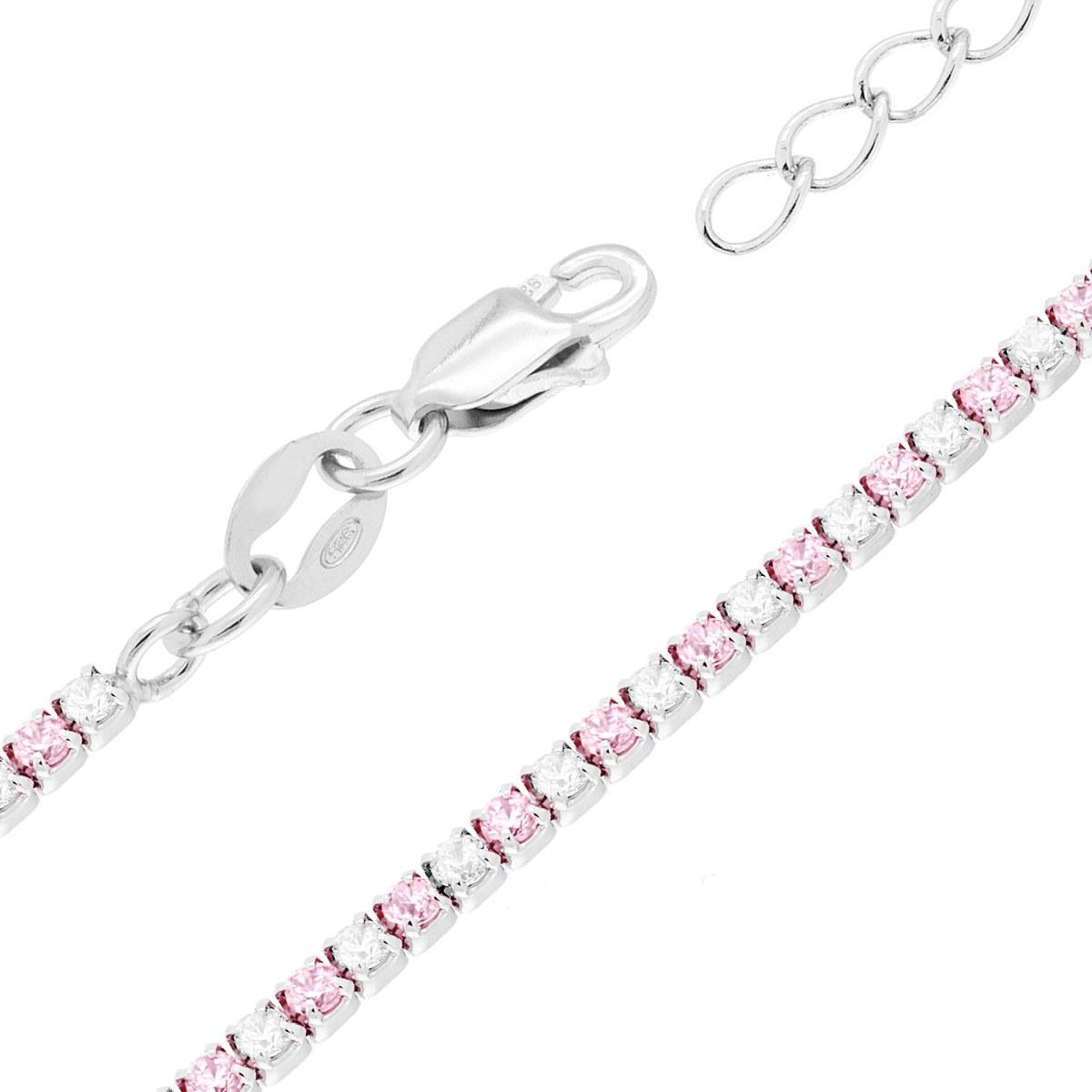 Bracciale Tennis Griffe cm 16+3 con Cubic Zirconia alternati Rosa e Bianchi mm 1.7 in ARGENTO 925 Galvanica Rodio