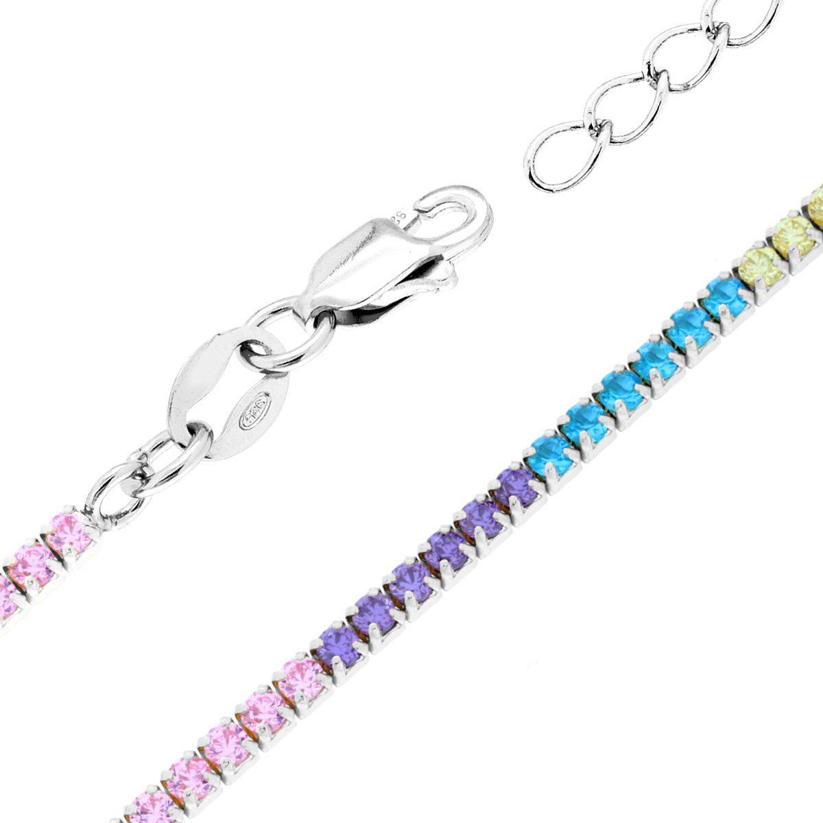 Bracciale Tennis Griffe cm 16+3 con Zirconi Multicolor mm 1.7 in ARGENTO 925 Galvanica Rodio