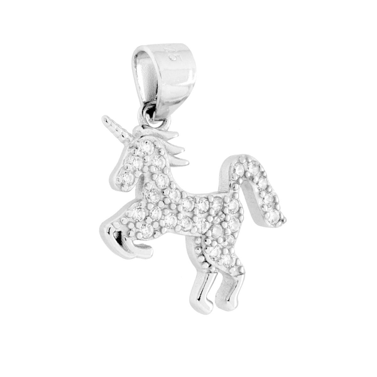 Ciondolo Unicorno con Cubic Zirconia Bianchi in ARGENTO 925 Galvanica Rodio
