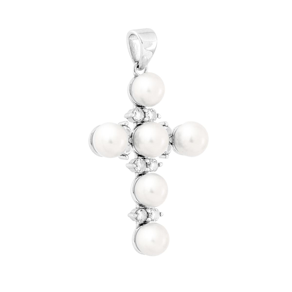 Ciondolo Croce con Perle e Cubic Zirconia Bianchi in ARGENTO 925 Galvanica Rodio