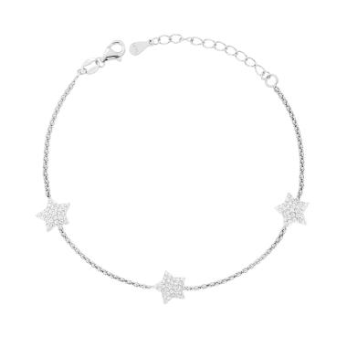 Bracciale Catena coreana Diamantata con Stelle Cubic Zirconia Bianchi in ARGENTO 925 Galvanica Rodio