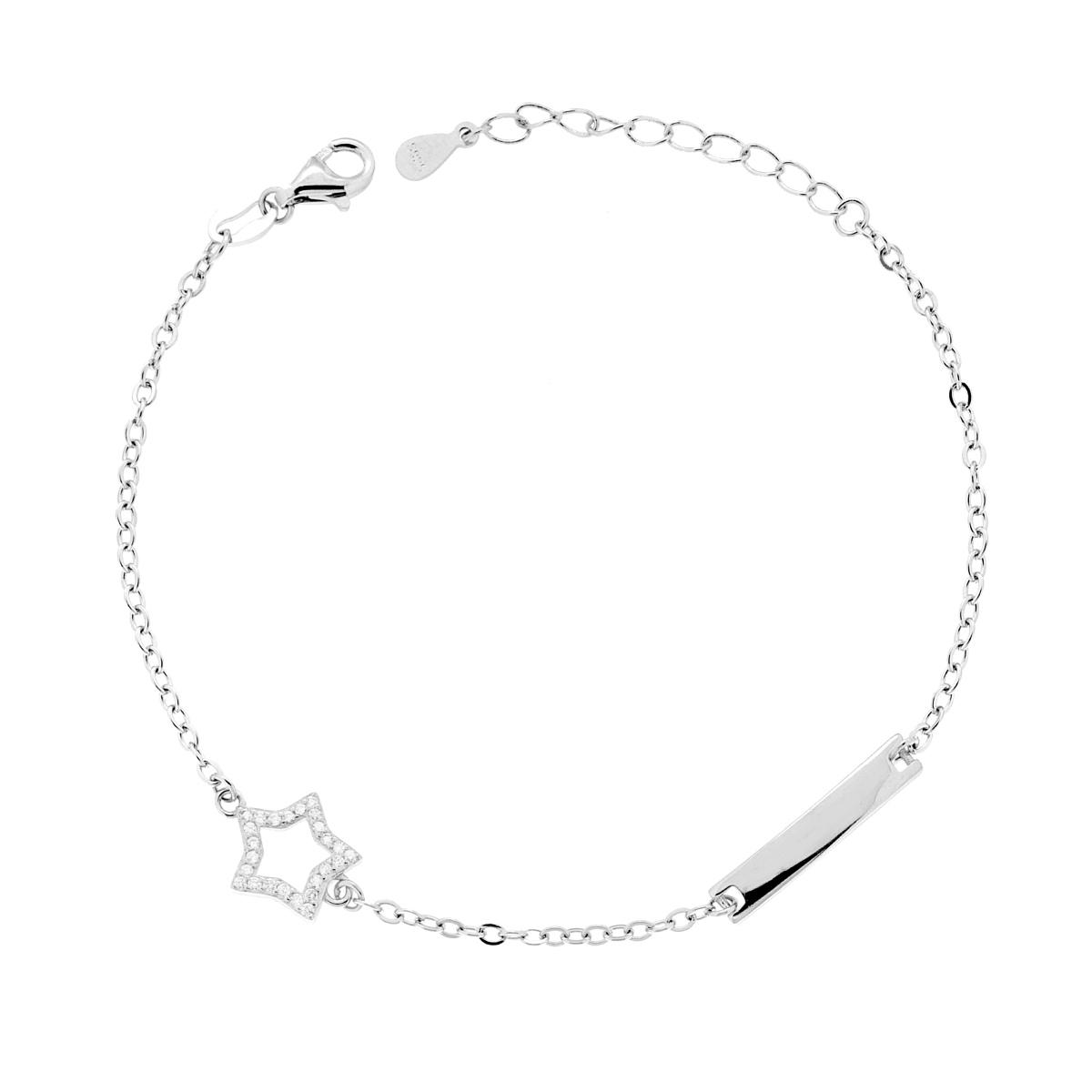 Bracciale Catena Forzatina Diamantata con Stella e Cubic Zirconia Bianchi e Targa Rettangolare in ARGENTO 925 Galvanica Rodio