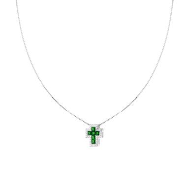 Collana Catena Veneziana Diamantata con Croce Verde Smeraldo contornata da Cubic Zirconia Bianchi in ARGENTO 925 Galvanica Rodio