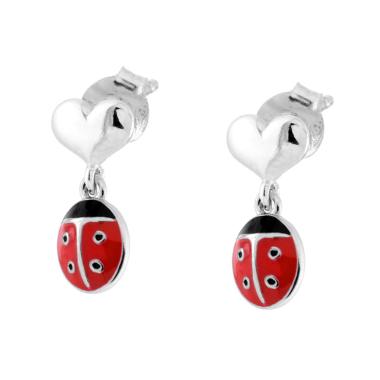 Orecchini Cuore con Coccinella e Smalto Rosso in ARGENTO 925 Galvanica Rodio
