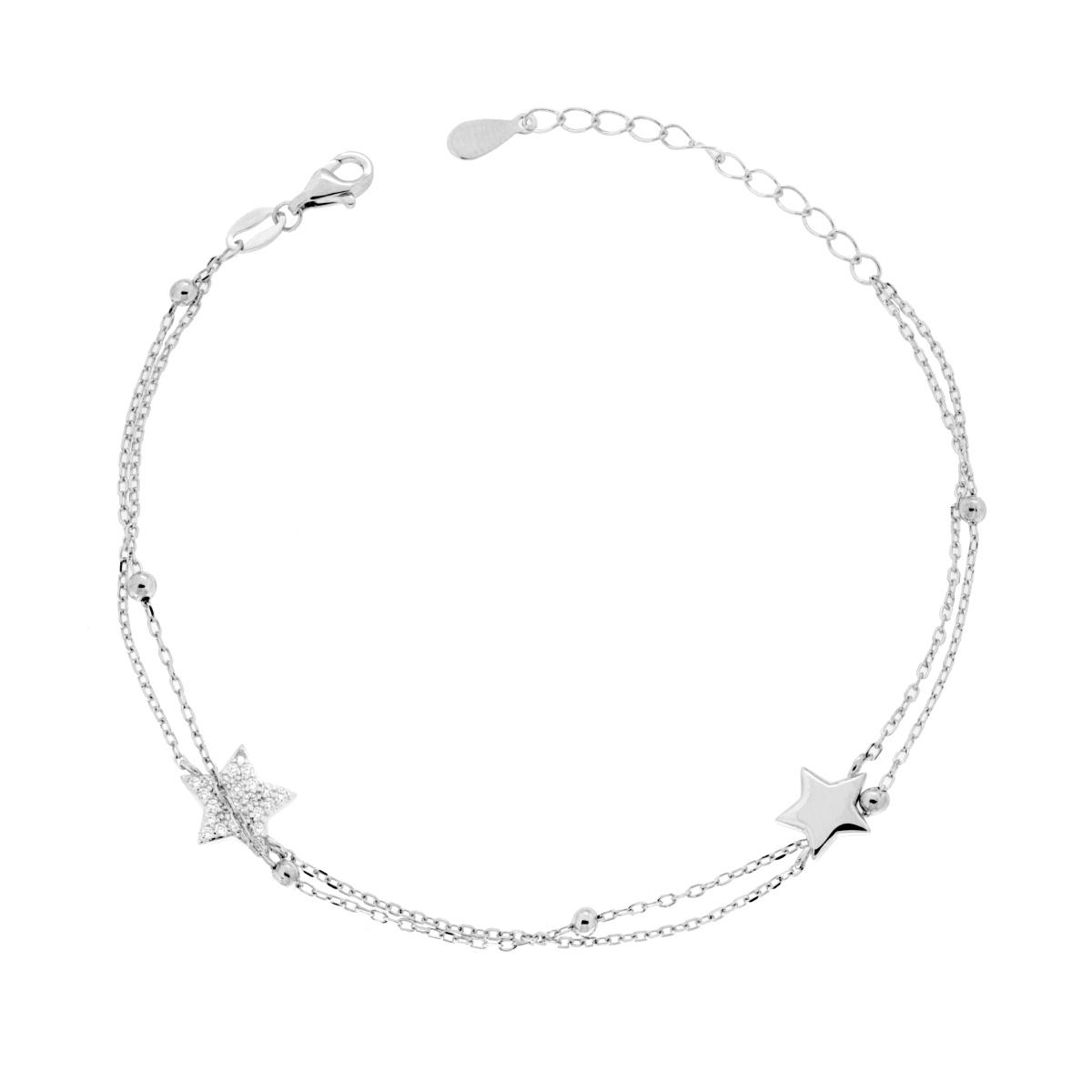 Bracciale due fili Catena Forzatina Diamantata con Stelle e Cubic Zirconia Bianchi in ARGENTO 925 Galvanica Rodio