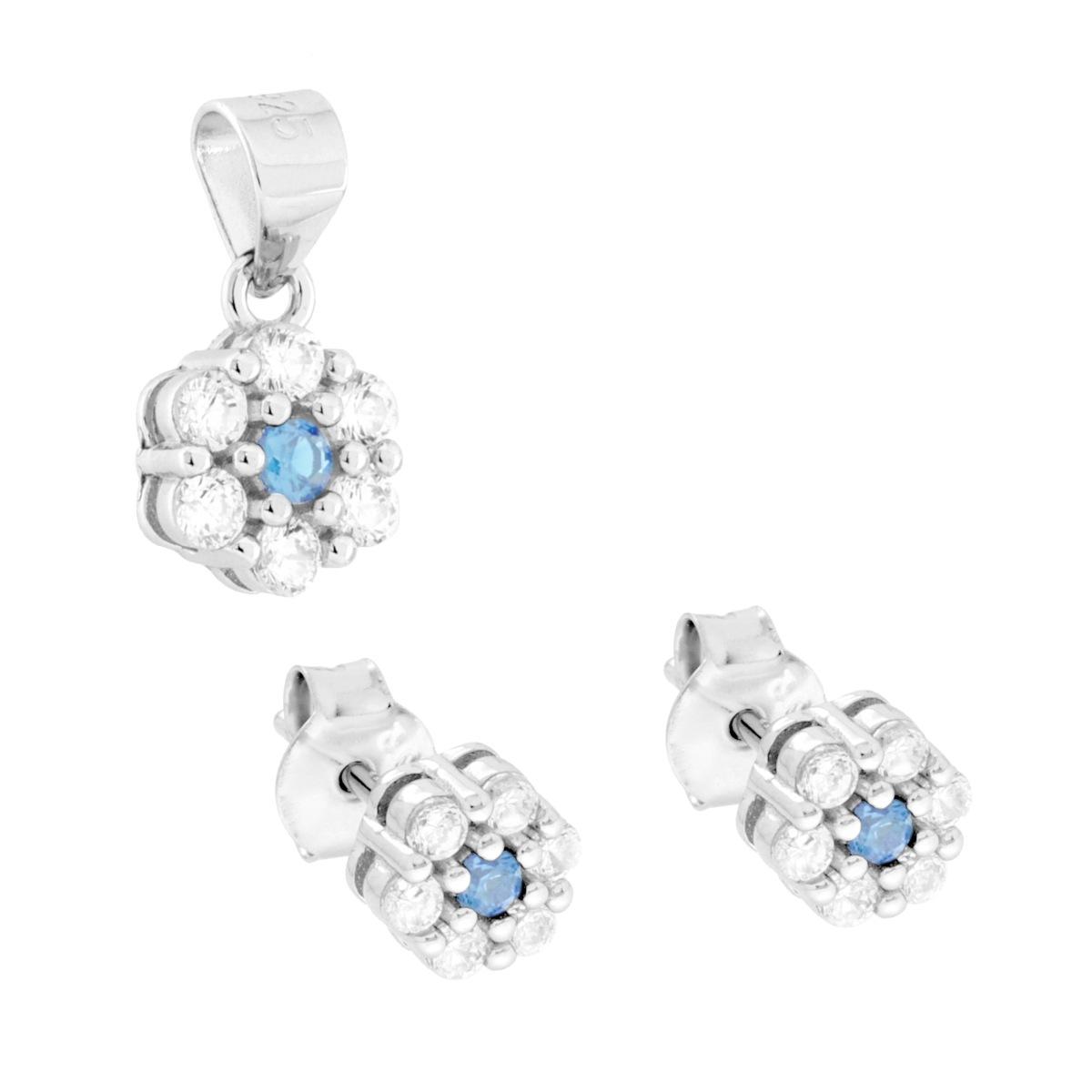 Parure Set Orecchini e Ciondolo con Fiore Acquamarina e Cubic Zirconia Bianchi in ARGENTO 925 Galvanica Rodio