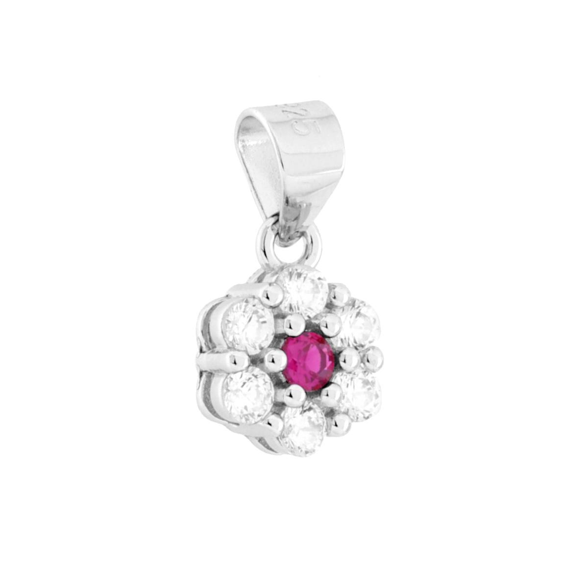 Parure Set Orecchini e Ciondolo con Fiore Rosso Rubino e Cubic Zirconia Bianchi in ARGENTO 925 Galvanica Rodio