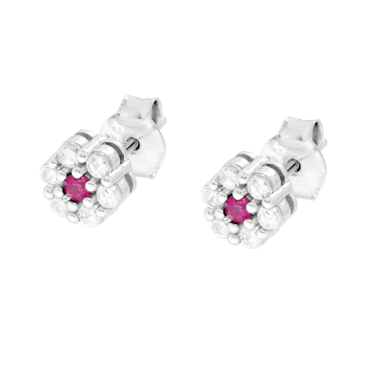 Parure Set Orecchini e Ciondolo con Fiore Rosso Rubino e Cubic Zirconia Bianchi in ARGENTO 925 Galvanica Rodio