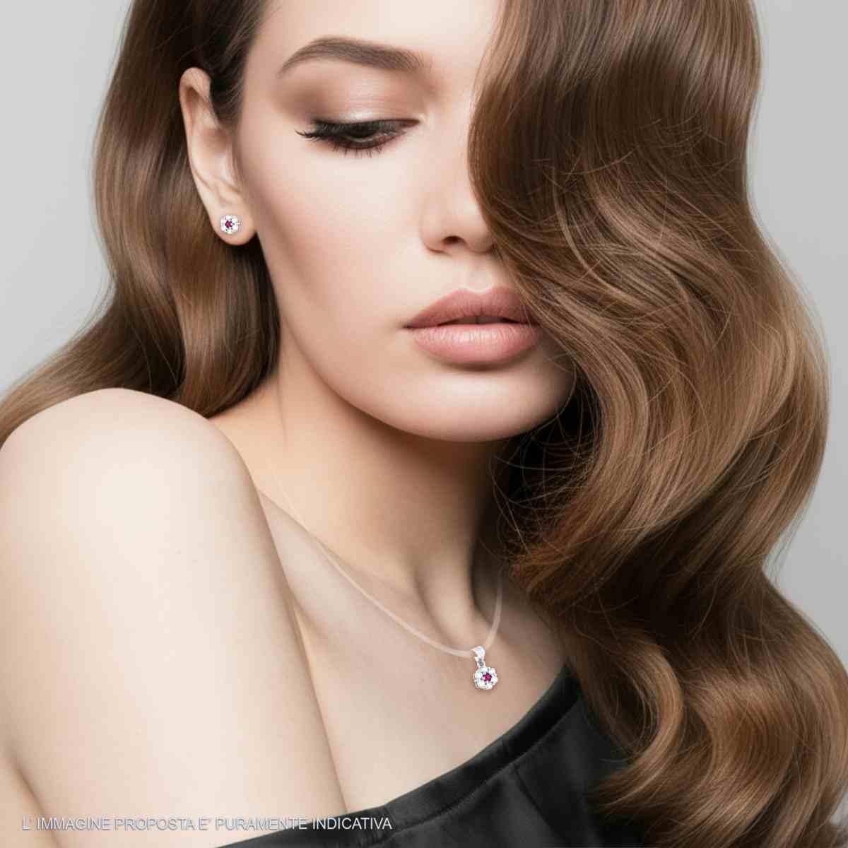 Parure Set Orecchini e Ciondolo con Fiore Rosso Rubino e Cubic Zirconia Bianchi in ARGENTO 925 Galvanica Rodio