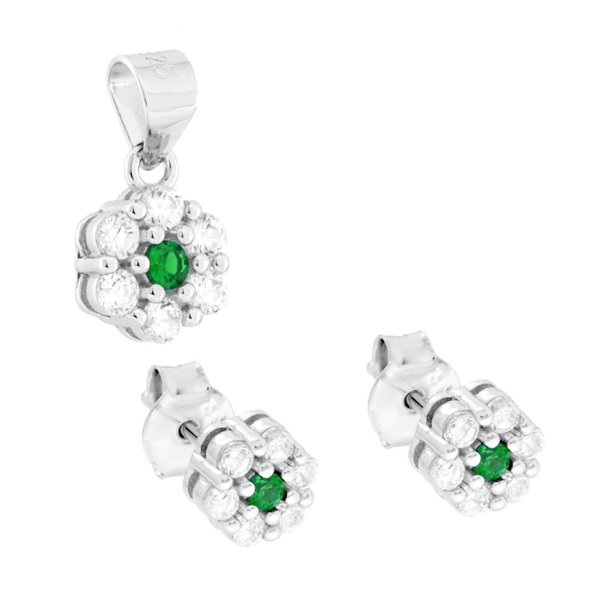 Parure Set Orecchini e Ciondolo con Fiore Verde Smeraldo e Cubic Zirconia Bianchi in ARGENTO 925 Galvanica Rodio