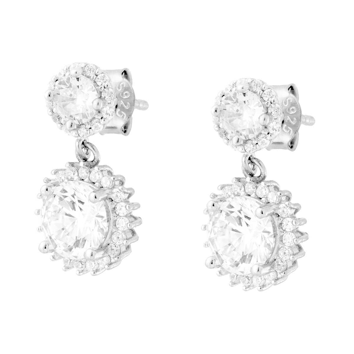 Orecchini Punto Luce Tondo pendente con Cubic Zirconia Bianchi in ARGENTO 925 Galvanica Rodio