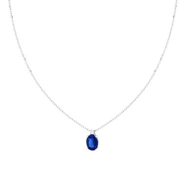 Collana Catena Forzatina Diamantata con Punto Luce Ovale Cubic Zirconia Blu Zaffiro in ARGENTO 925 Galvanica Rodio