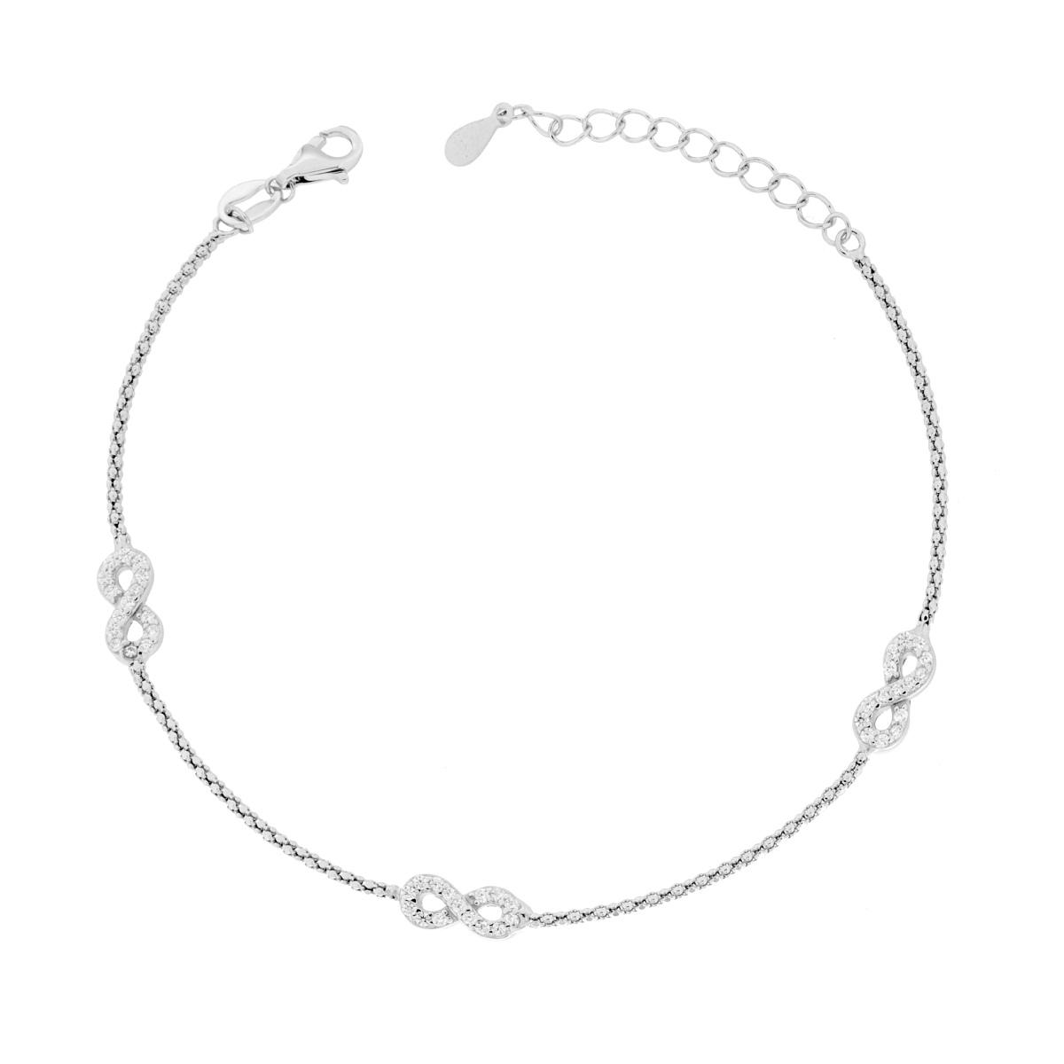 Bracciale Catena Coreana Diamantata con Infinito e Cubic Zirconia Bianchi in ARGENTO 925 Galvanica Rodio