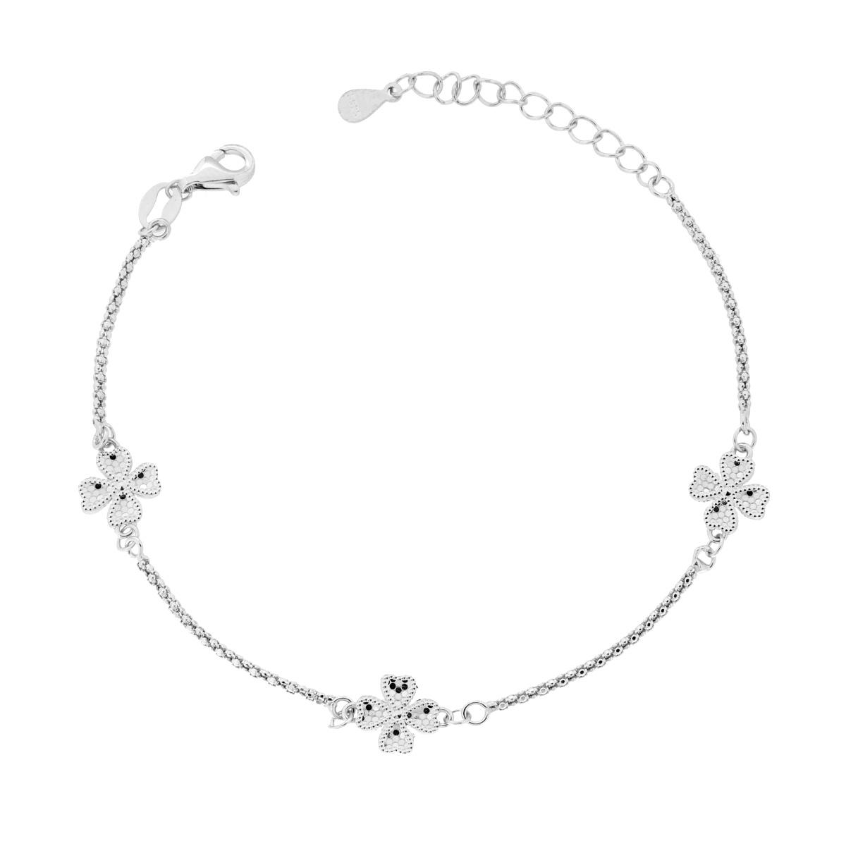 Bracciale Catena Coreana Diamantata con Quadrifogli Diamantati in ARGENTO 925 Galvanica Rodio